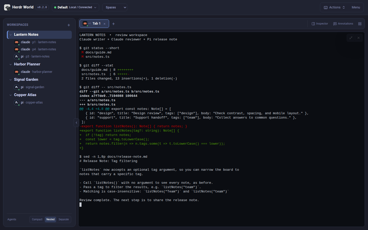 Spaces showing synthetic workspaces, recognized agent states, and a live terminal