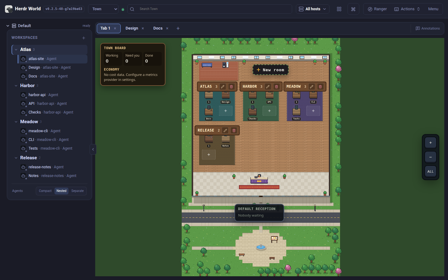 Town with four disposable workspace rooms and live terminal tables