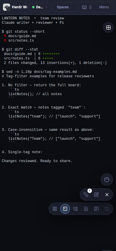 Mobile Spaces terminal with touch shortcut controls